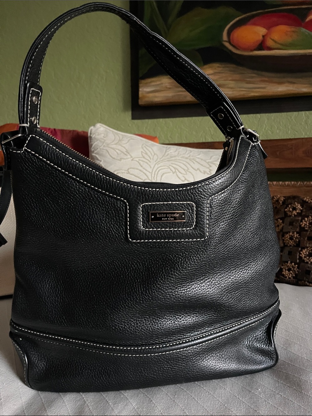kate spade Black Pebbled Leather Hobo Shoulder Bag with White Stitching